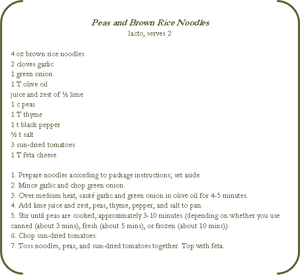 peas and noodles recipe card